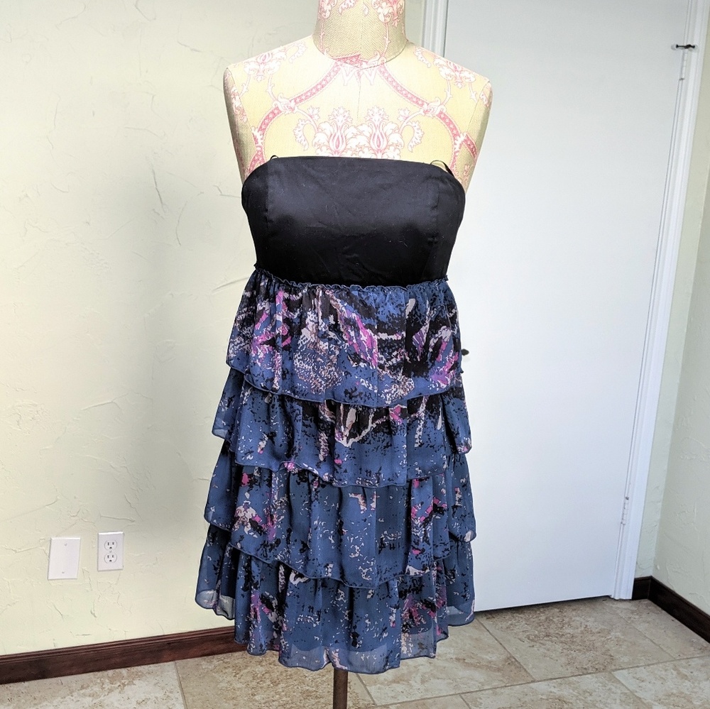 Guess black floral tiered strapless mini dress sz 7 M chiffon